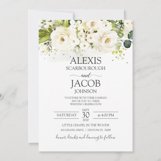 Elegante witte roos & gouden bloemige trouwdag kaart (Voorkant)