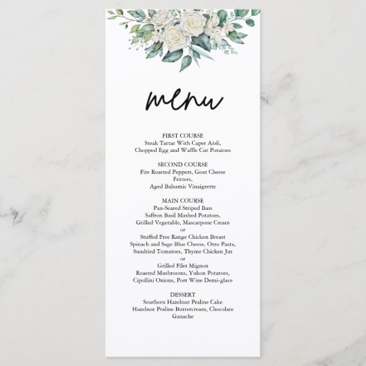 Elegante Witte Roos Groen Bloemen Huwelijk Menu (Voorkant)