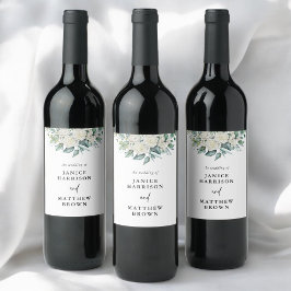 Elegante Witte Roos Groen Bloemen Huwelijk Wijn Etiket