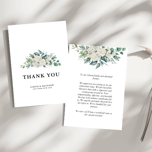 Elegante Witte Roos Groene Bloemstuk Bruiloft Bedankkaart