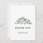 Elegante Witte Roos Groene Bloemstuk Bruiloft Bedankkaart (Voorkant)
