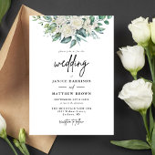 Elegante Witte Roos Groene Bloemstuk Bruiloft Kaart