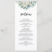 Elegante Witte Roos Groene Bloemstuk Bruiloft Menu (Voorkant)