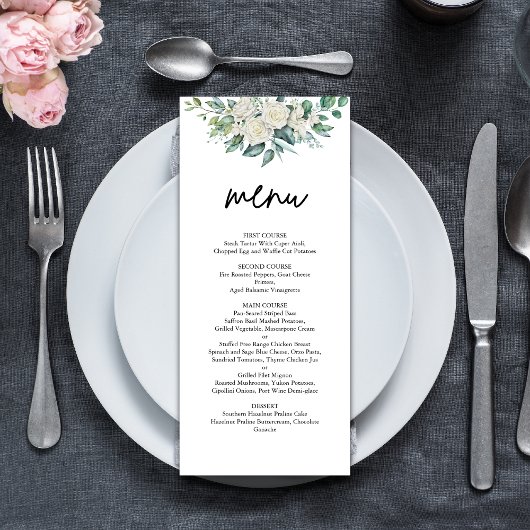 Elegante Witte Roos Groene Bloemstuk Bruiloft Menu