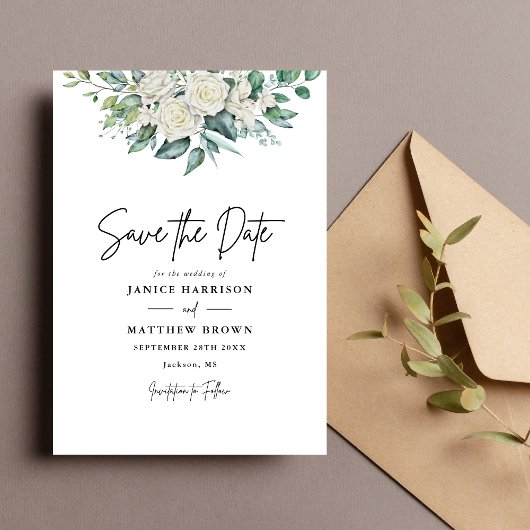 Elegante Witte Roos Groene Bloemstuk Bruiloft Save The Date