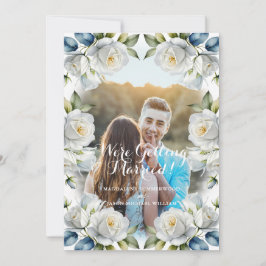 Elegante Witte Roos Lijst Paar Foto Huwelijk Kaart