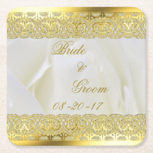 Elegante witte roos met gouden kant kartonnen onderzetters