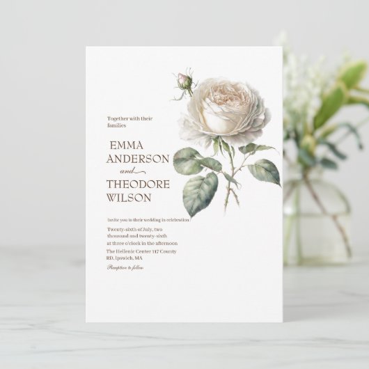 Elegante witte roos moderne mooie bloemenbruiloft kaart (Staand voorkant)