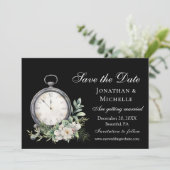 Elegante witte roos op zwarte  klok bruiloft save the date (Staand voorkant)