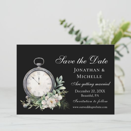 Elegante witte roos op zwarte  klok bruiloft save the date (Staand voorkant)