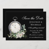 Elegante witte roos op zwarte  klok bruiloft save the date (Voorkant / Achterkant)