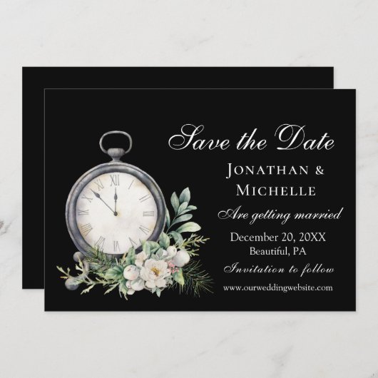 Elegante witte roos op zwarte  klok bruiloft save the date (Voorkant / Achterkant)