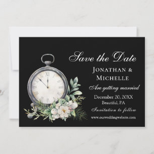 Elegante witte roos op zwarte  klok bruiloft save the date