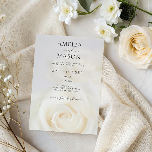 Elegante witte roos script huwelijksuitnodiging kaart