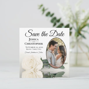 Elegante witte roos van ivoor met ovale fotobruilo save the date