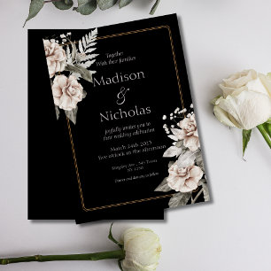 Elegante witte roos zwarte trouwuitnodiging kaart