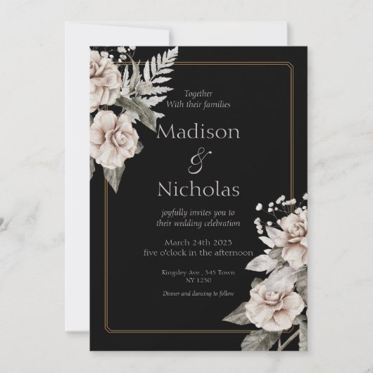 Elegante witte roos zwarte trouwuitnodiging kaart (Voorkant)