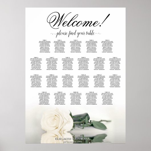 Elegante witte Rose 22 tafel bruiloft zitgrafiek Poster (Voorkant)