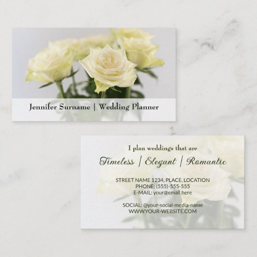 Elegante Witte Rose Bloemen Klassieke Wedding Plan Visitekaartje (Voorkant / Achterkant)