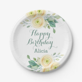 Elegante Witte Rose Flora Groen Verjaardag Papieren Bordje