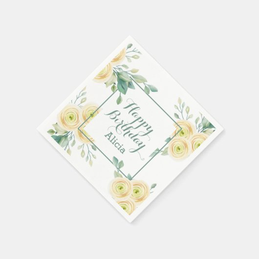 Elegante Witte Rose Flora Groen Verjaardag Servet (Hoek)