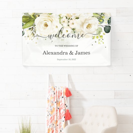 Elegante Witte Rose & Goud Bloemen Moderne Bruilof Spandoek (Insitu)