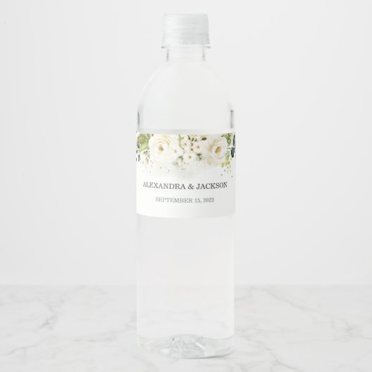 Elegante Witte Rose & Gouden Bruiloft Waterfles Etiket (Voorkant)