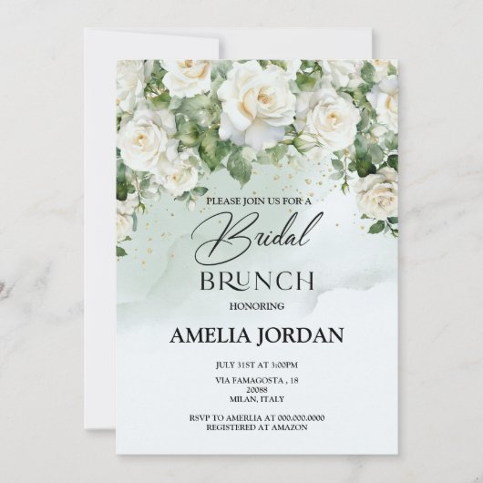 Elegante Witte Rose Groene Bruids Brunch Uitnodigi Kaart (Voorkant)