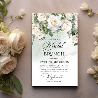 Elegante Witte Rose Groene Bruids Brunch Uitnodigi Kaart