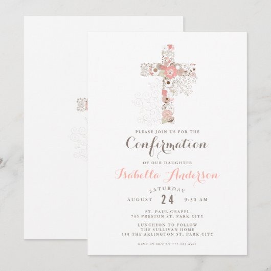 Elegante witte roze bevestiging bloemenkruisje naa kaart (Voorkant / Achterkant)