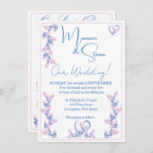 Elegante witte, roze, & blauwe bloemenbruiloft kaart (Voorkant / Achterkant)