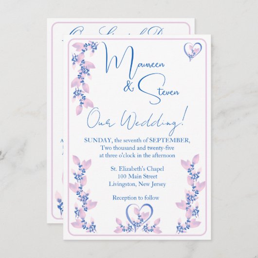 Elegante witte, roze, & blauwe bloemenbruiloft kaart (Voorkant / Achterkant)