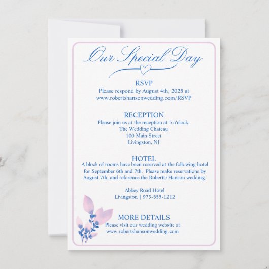 Elegante witte, roze, & blauwe bloemenbruiloft kaart (Achterkant)