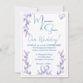 Elegante witte, roze, & blauwe bloemenbruiloft kaart (Voorkant)