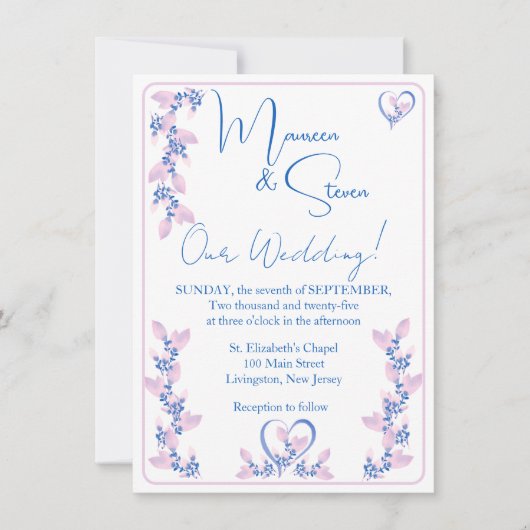 Elegante witte, roze, & blauwe bloemenbruiloft kaart (Voorkant)