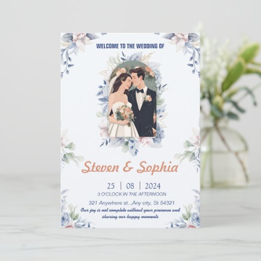 Elegante witte, roze, blauwe en groene bruiloft kaart (Staand voorkant)