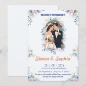 Elegante witte, roze, blauwe en groene bruiloft kaart (Voorkant / Achterkant)