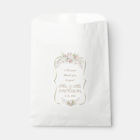 Elegante witte roze bloemen gouden lijst bruiloft bedankzakje (Voorkant)