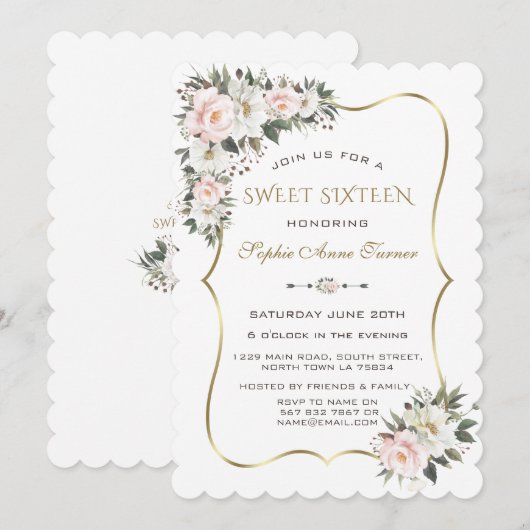 Elegante witte roze bloemen gouden lijst Sweet 16  Kaart (Voorkant / Achterkant)