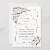 Elegante witte roze bloemen gouden lijst Sweet 16  Kaart (Voorkant)