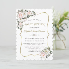 Elegante witte roze bloemen gouden lijst Sweet 16  Kaart