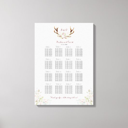 Elegante witte roze bloemen hertenstoelen zitplaat canvas afdruk (Voorkant)