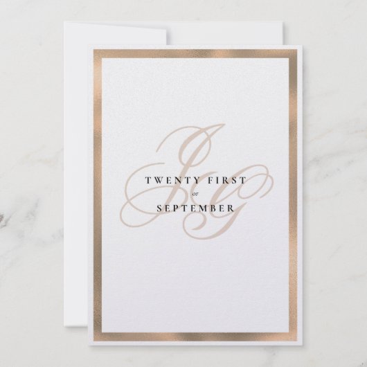 Elegante witte roze gouden monogram initiaal trouw kaart (Achterkant)