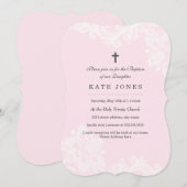 Elegante Witte Roze Kant doop uitnodiging (Voorkant / Achterkant)