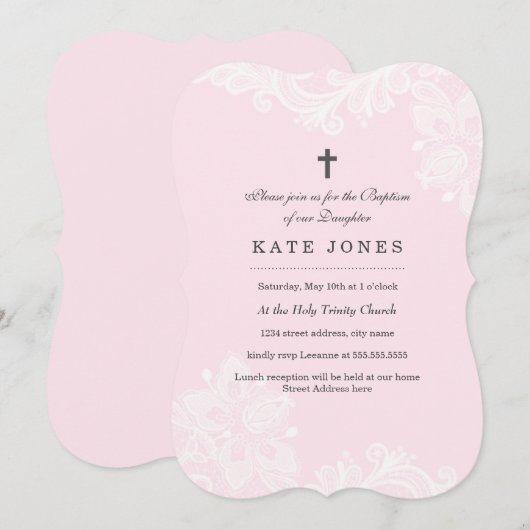 Elegante Witte Roze Kant doop uitnodiging (Voorkant / Achterkant)