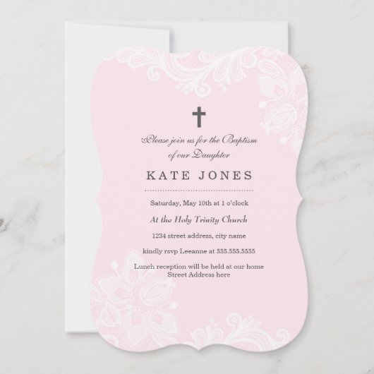 Elegante Witte Roze Kant doop uitnodiging (Voorkant)