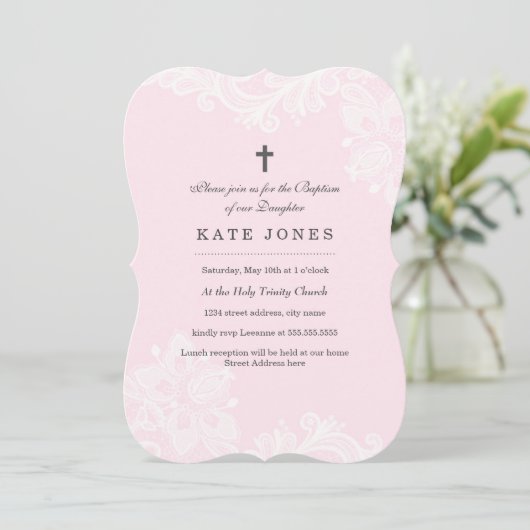 Elegante Witte Roze Kant doop uitnodiging (Staand voorkant)