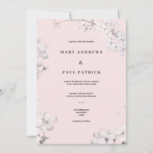 Elegante witte roze kersenbloesem bloemenbruiloft kaart (Voorkant)