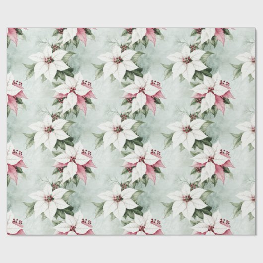 Elegante witte roze poinsettias kerst cadeaupapier (Vlak)