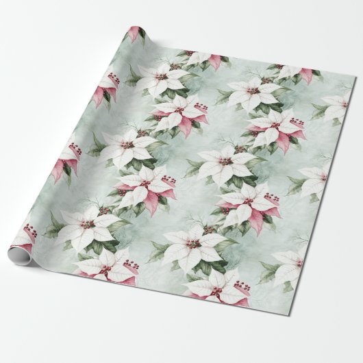 Elegante witte roze poinsettias kerst cadeaupapier (Uitgerold)